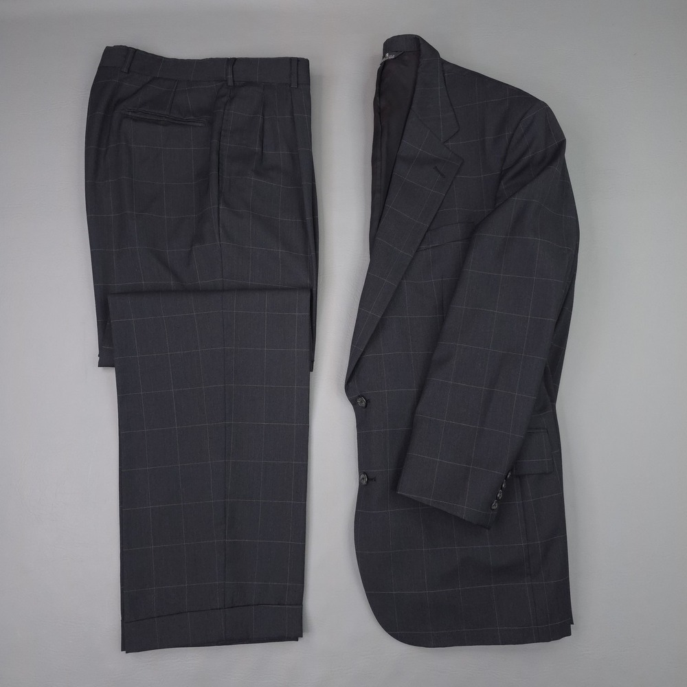 Polo University Club Ralph Lauren Suit Mens 44R 34X32 Gray Windowpane Wool 2pc